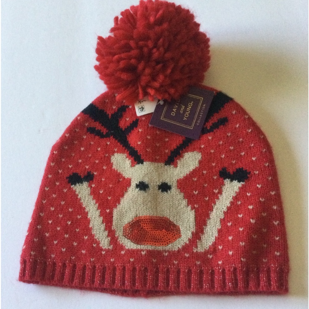 DAVID & YOUNG WOMENS SEQUIN EMBELLISHED RUDOLPH REINDEER CHRISTMAS BEANIE OS NWT